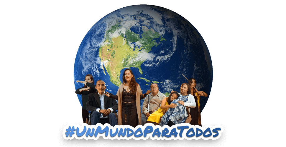 Mundo y en la parte inferior varias personas que hacen parte del video de la campaña #UnMundoParaTodos
